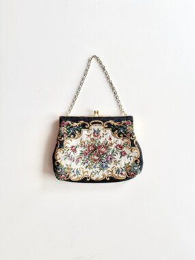 Vintage GOLDCO Floral Tapestry Jacquard Crystal Kiss Lock Evening Purse Bag